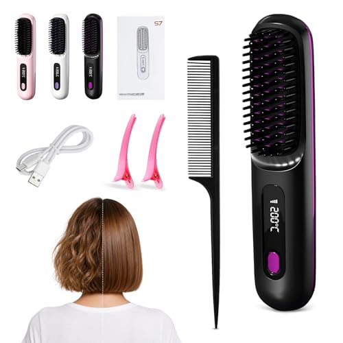 Clinora Kabellose Styling-Bürste clinora styling bürste stylingbürste für kurze haare mit LED-Anzeige 3 Temperaturstufen tragbare für glattes lockiges und trockenes Haar (Schwarz)