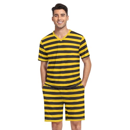 Laprad Men's Bumble Bee Stripe Pajamas Set Short Sleeve Sleepwear Two Piece Loungewear V-Neck with Pockets