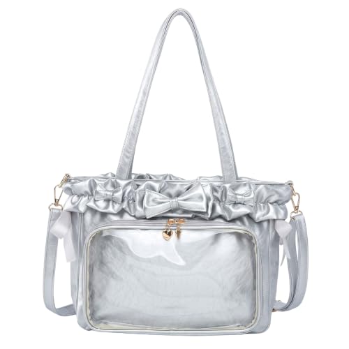 Lolita Ita Bag Clear PVC Window Bow Ruffle PU Satin Tote Bag | PU �T�e���g�[�g�N���X�{�f�B���킢���}�J�����J���[���O���\�Ȓ��߉\�ȃX�g���b�v��e�ʃA�j���R���x���V�����V�����_�[