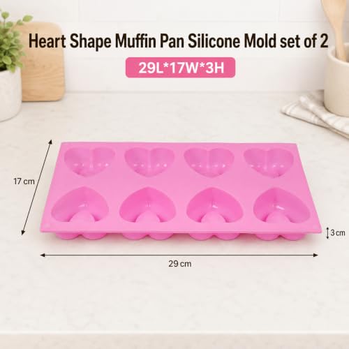 Image of Cutting EDGE Heart Shape Muffin Pan Silicone Mold | Long-Lasting & Flexible | for Making Chocolate, Dessert, Pastry, Brownie, Muffins, Jelly, Pudding and Many More (Pack of 2 - Pink Color)