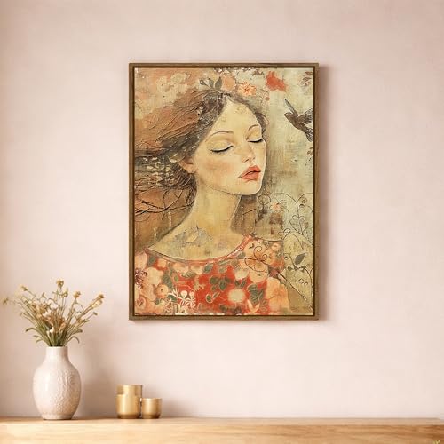 Image of Abstract Dreamy Woman Framed Canvas Painting For Living Room | Floral Feminine Portrait Wall Art For Livingroom Wall Decor, Home Decor, Bedroom, Hallway's, Office, Hotel - 43x58 cm