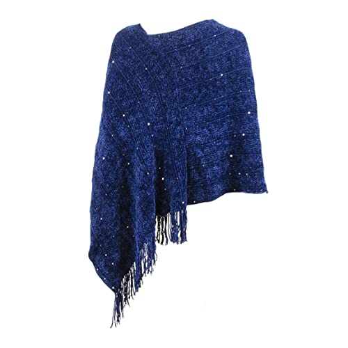 Women's Knitted Chenille Poncho in Navy, One Size Blue2