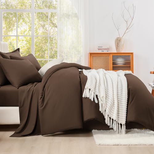 Image of Litanika Super King Plus Comforter Sets Brown - 7 Pieces Bed in a Bag Beddding Sets, Solid Lightweight Bed Set with Comforter, Sheets, Pillowcases & Shams
