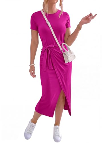 Image of NOLLSOM Women Casual Sleeveless Striped Tank Midi Dresses Halter Neck Ruched Bodycon Dresses Tie Waist T Shirt Summer Dress