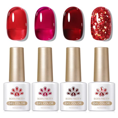 Born Pretty UV Nagellack Milky Jelly Milchig Rot Burgunder - Gel Nagellack UV Natur Kristall Transparent UV Lack Ruby Regalia Serie Maniküre und Nagelkunst DIY zu Hause 4PCS