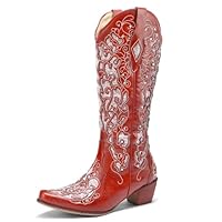KiutSymo Glitter Rhinestone Cowboy Boots For Women Vintage Embroidered Cowgirl Boots Mid Calf Chunky Heel Sparkly Wedding Western Boots, Red, 5.5 UK