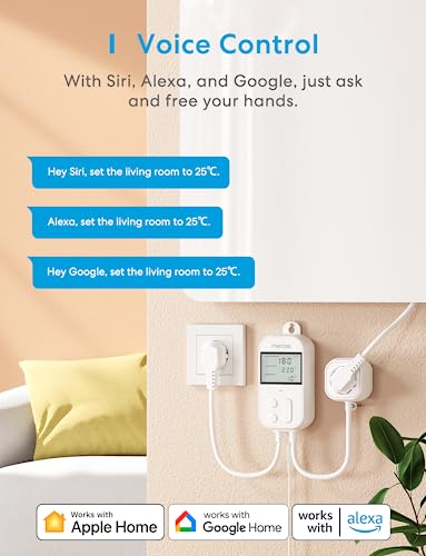 Meross Temperaturregler Smart Thermostat Steckdose f&uuml;r HomeKit Digital WLAN WiFi Heizungsthermostat Steckdose mit F&uuml;hler f&uuml;r Heizung und K&uuml;hlung 16 A, 2,4GHz, Weiss