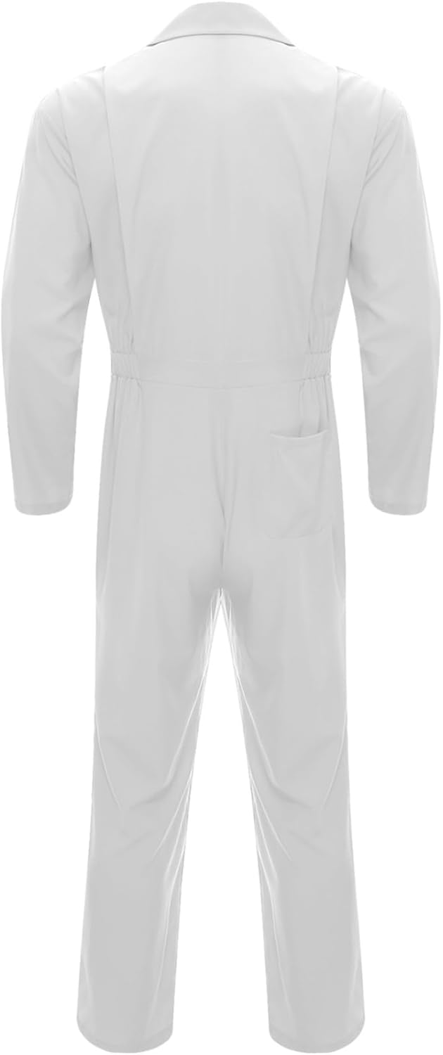 Men's One Piece Work Uniform Jumpsuit Long Sleeve Stylish Turn Down Collar Coveralls Mechanics Work Clothes White XX-Large