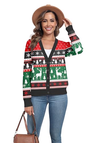 Image of Ugly Christmas Reindeer Cardigan Sweater Women Oversized Knit Open Front Tops Dear Christmas Reindeer Tree Funny X Mas 2024 Clothing Black L
