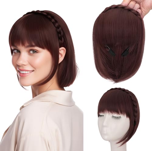 S-noilite Fascia per capelli con frangia, parrucche con frangia frontale, toupet con capelli sintetici intrecciati e frangia, extension per capelli,Rosso Vino