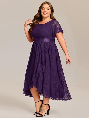 Image of Ever-Pretty Plus Women's Lace Round Neck Short Sleeves High Low Plus Size Midi Cocktail Wedding Guest Dresses Deep Purple US14