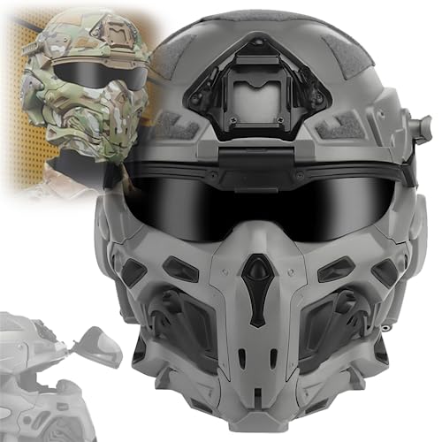 Airsoft Paintball Gear Tactical Protection Helmet,Headset NVG Base Mask Goggle Anti-Fog Fan All-In-One Multifunction Full Covered Helmet (Grey)