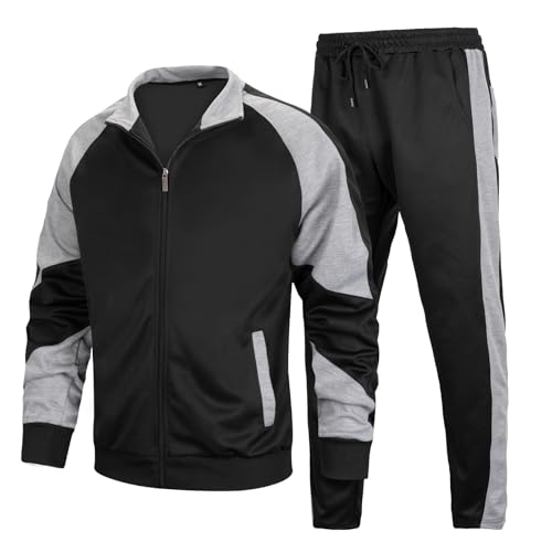 Hooteria Men's Track Suits Sets Long Sleeve Full-zip Sweatsuit Athletic Jogging Gym 2 Piece Outfit Black 2XL