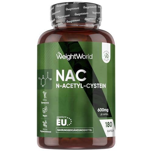 NAC Kapseln - N Acetyl Cystein - 180 vegane Kapseln - 600mg je Kapsel - 6 Monate Vorrat - Frei von Gluten Magnesiumstearat Gentechnik - Von WeightWorld