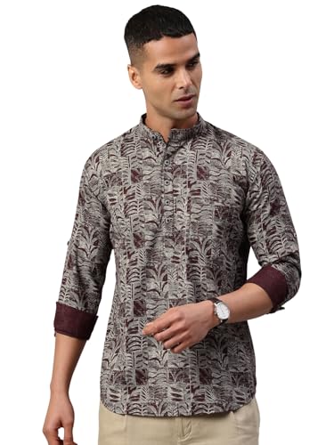Image of Majestic Man Men's Pure Cotton Printed Mandarin Collar Regular Fit Roll-Up Sleeves Short Kurta