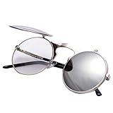 COASION Vintage Round Flip Up Sunglasses for Men Women Juniors Circle Steampunk Costume Glasses (Silver Frame/Silver Mirror Lens)