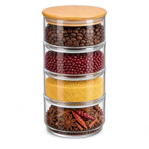 Image of DOITOOL Airtight Glass Storage Canister with Lids: 4-Tier Stackable Round Food Storage Container Kitchen and Pantry Organization Canisters for Cereal, Tea, Nuts, Fruit & Snacks - 4.3 inch x 4.3 inch x 8.6 inch