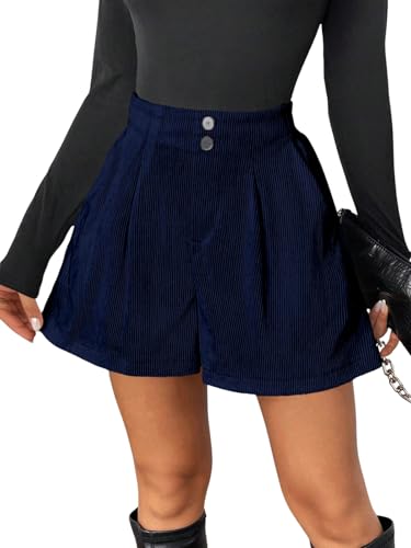 Image of GRECIILOOKS Women's High Waist Tailored Shorts | Ribbed Poly Lycra Blend Summer Shorts with Pockets & Button Closure | Elegant Folded Hem Casual Wear for College, Brunch & Daily Outings