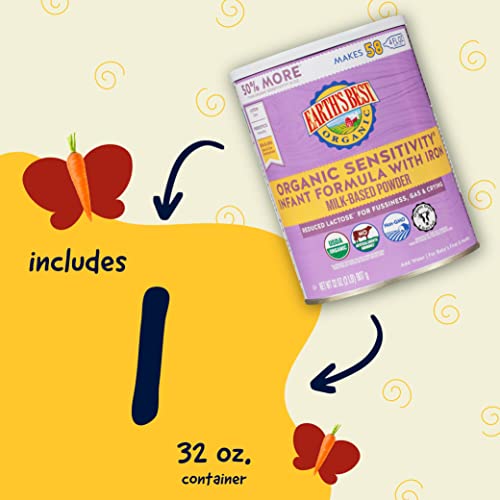 Earth's Best Organic Sensitive Baby Formula For Babies 0-12 Months, Reduced Lactose Powdered Infant Formula With Iron, Omega-3 Dha, And Omega-6 Ara, 32 Oz Formula Container #TOP3