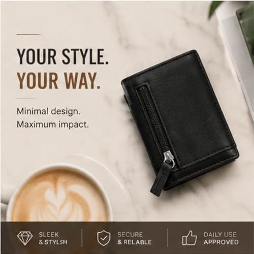 Image of Slim Leather Card Holder Wallet, Black, RFID Blocking, Zipper Pocket, Pop-Up Card Ejector