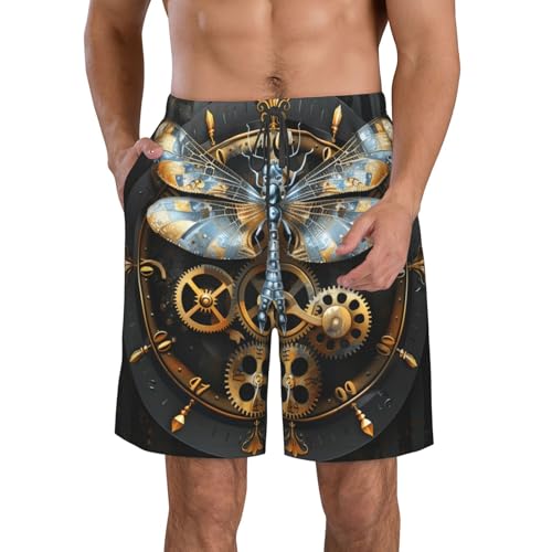 Men's Quick Dry Swim Shorts Dragonfly Gears Steampunk Striped Dark Beach Trunks with Pockets