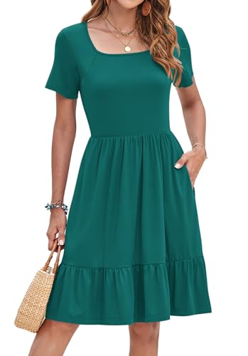 Image of AUSELILY Womens Summer Dresses 2025 Casual Short Sleeve Dress Square Neck A-Line Ruffle Sundress with Pockets