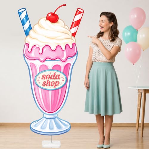 Image of Qunclay 4 ft 1950s Soda Shop Cardboard Cutout Retro Milkshake Cutout Decoration Life Size Photo Booth Prop Stand up 3D Display Backdrop for 50s Diner Sock Hop Rock and Roll Party Decorations