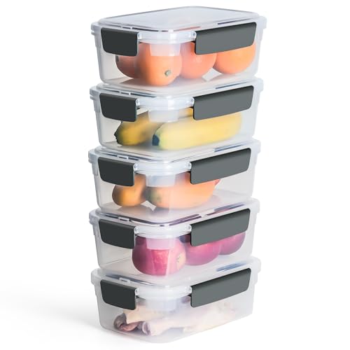 YORY Contenedores de plástico para almacenamiento de alimentos con tapas, aptos para congelador, lavavajillas, rectangulares, para preparación de comidas, paquete de 5 unidades