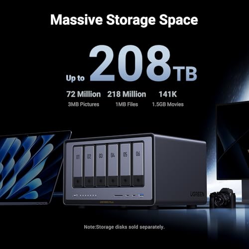 Image of UGREEN NAS DXP6800 Plus 6-Bay Desktop NAS, Intel i3 1215u 6-Core CPU, 8GB DDR5 RAM, Built-in 128G SSD, 1x 10GbE and 1x 2.5GbE LAN Port, 2X M.2 NVMe Slots, 4K HDMI, Network Attached Storage (Diskless)