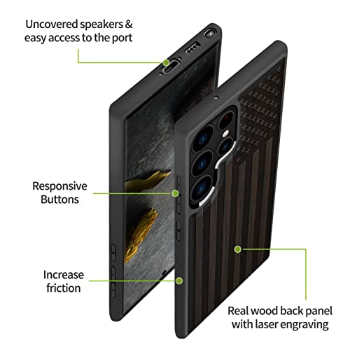 Image of Carveit Wood Case for Galaxy S23 Ultra, (The Classic American Flag-Black) | Samsung Galaxy S23 Ultra Cover, Unique Wooden Design, Engraved Wood with TPU Shockproof Bumper, Wireless Charging Compatible