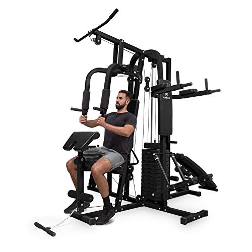 Klarfit Ultimate Gym 9000 - Estación de Entrenamiento, paralelas, Banco declinado, Escalera, Curl, Prensa para Pierna, contractora y jalones, más de 100 Ejercicios para 2 Personas, MAX. 150kg, Negro