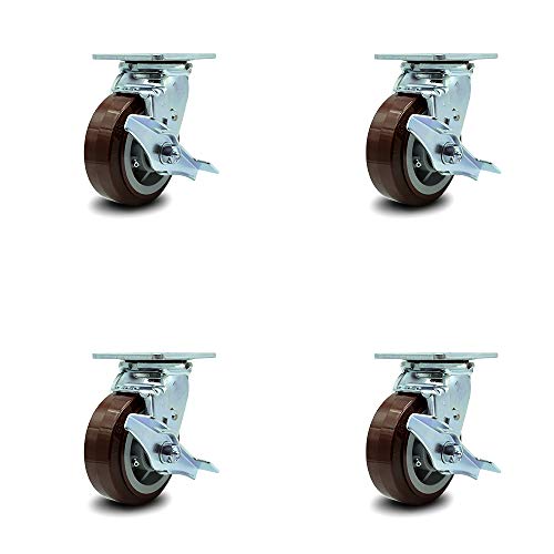 Service Caster Brand 5 Inch Heavy Duty Swivel Casters Set of 4 Polyurethane Caster Wheels – 3,000lbs. Total Capacity – Swivel Plate Casters with Locking Brakes & Roller Bearings