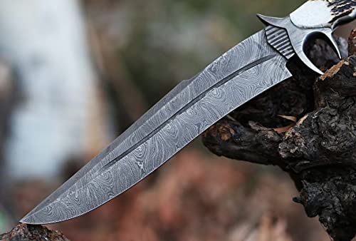 14\" Long Clip point blade Hunting Knife, Natural Stag Antler scale with Steel finger guard, Hand forged Damascus steel blade with blood groove, Cow Hide Leather sheath with belt loop - Thumbnail 4