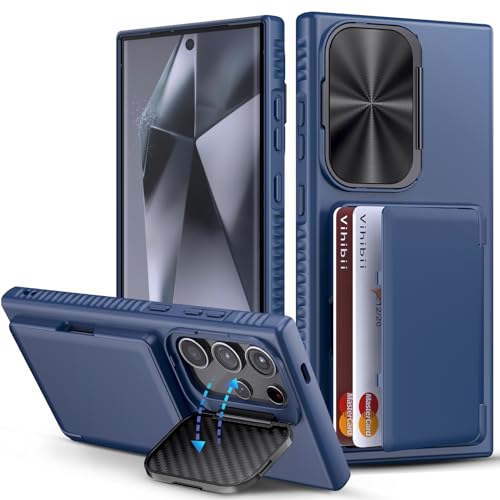 Image of Vihibii PC + Silicone For Galaxy S24 Ultra Back Cover With Card Holder(4 Cards)&Kickstand&Camera Lens Cover,Military Grade Protection Rugged Shockproof Phone Case For Samsung S24 Ultra 6.8 inch,Blue