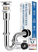 FEINER® Waschbecken Ablaufgarnitur mit Überlauf + Siphon Set Universal, Edelstahl Syphon Waschbecken, inkl. Gratis Dichtungen, Montage-Video
