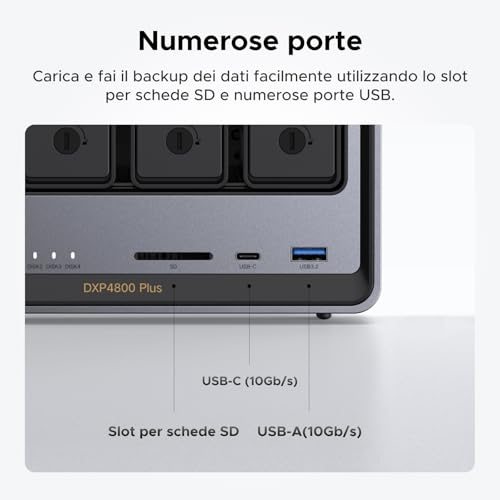 NASync DXP4800 Plus, NAS desktop a 4 bay, CPU Intel Pentium Gold 8505 a 5 core, RAM DDR5 da 8 GB, SSD da 128 GB, 1 * 10 GbE, 1 * 2,5 GbE, 2 * slot M.2 NVMe, HDMI 4K (senza disco) - Powerline - Immagine 5
