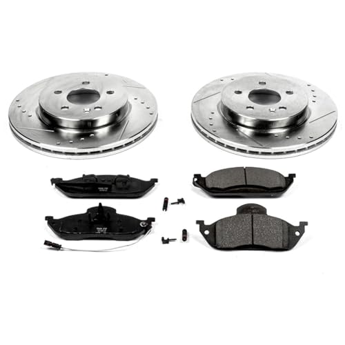 Image of PowerStop Front Brake Kit for Mercedes-Benz ML320 1998-03 |ML350 2003-05 |ML430 1999 - Drilled and Slotted Disc Rotors with Carbon-Fiber Ceramic Brake Pads Replacement, K864