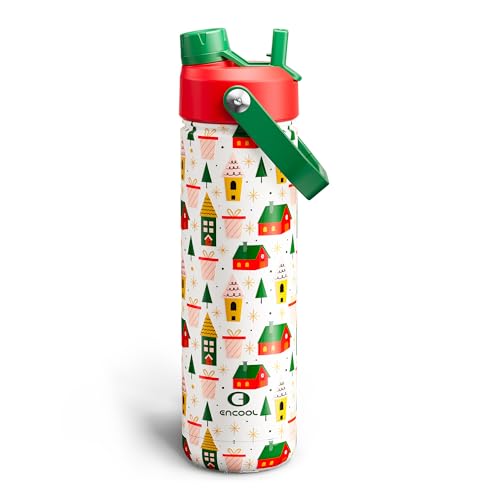 Image of ENCOOL Christmas Insulated Water Bottle with Straw, Stainless Steel Water Bottle, Leak Proof BPA-Free, Keeps Cold for 24 Hours for Sports, Christmas Holiday Gifts for Women, 26 oz, Bright Holiday