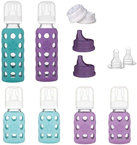 Lifefactory 6 Bottle Starter Set, (4) 4-Ounce Baby Bottle in Mint/Lavender, (2) 9-Ounce Baby Bottle in Kale/Grape, (2) Flat Caps, (2) Sippy Caps, (2) Stage 2 Nipples