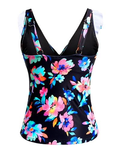 Image of Ruffle V Neck Tankini Top Only Women Tummy Control Swimsuit Tank Top | Removable cups for custom bust lift, Blend soft spandex to stretch easily