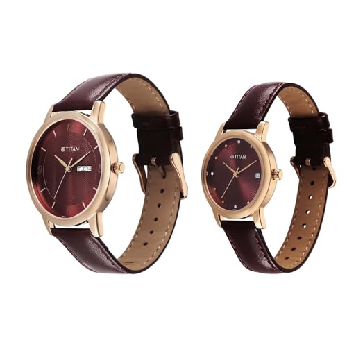 Image of Titan Bandhan Eternal Pair Analog with Date and Maroon Dial Maroon Leather Strap Watch for Couples - 19672967WL01