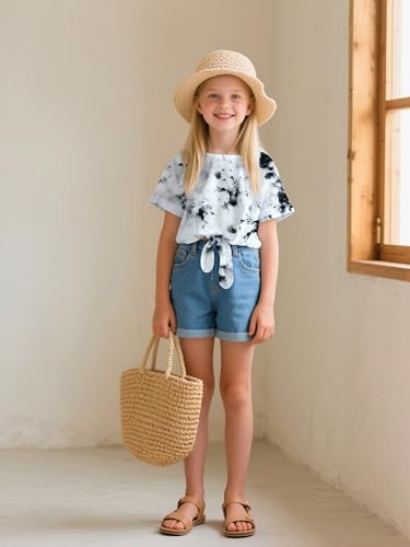 Image of Girls Crop Top Tie Dye Short Sleeve Summer T Shirt Rolled Cuffs Tie Hem Fashion Shirts Tee 4-15 Years