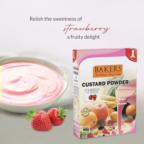 Image of BAKERS Custard Powder | Strawberry Flavor | (100g x 6, 600g) | Contains No Eggs | Long Shelf Life | Makes Smooth, Creamy, Testy & Juicy Custard | Quick & Easy to Make |Best For Fruit Salads & Puddings