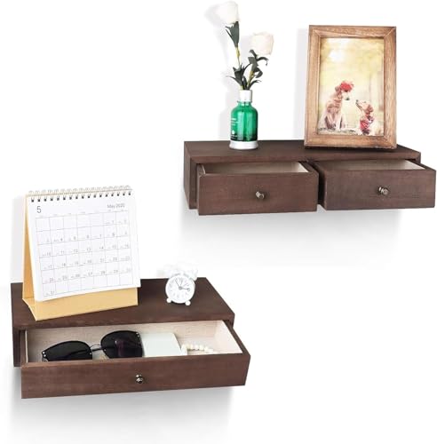 Image of W00YNEX Floating Shelves with Drawers: Wood Wall Shelves /Cabinets for Storage and Exhibition; Doubles as a Bedside or Nightstand Set of 2 in Vintage- (Brown c)