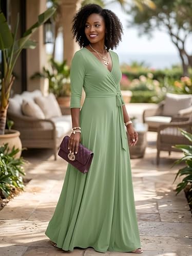 Image of PinkPatty Women's Plus Size Maxi Dresses Casual Flowy 3 /4 Sleeves Dress Printed Vacation Dress for Daily Wear with Belt