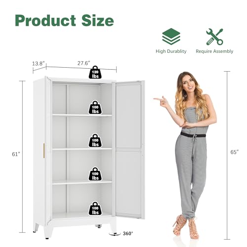 Image of Bevivog 61 inch Tall Metal Storage Cabinet with 2 Doors Farmhouse Tall Bathroom Cabinet Freestanding, White Metal Pantry Cabinets for Kitchen, Laundry Room, Home Office