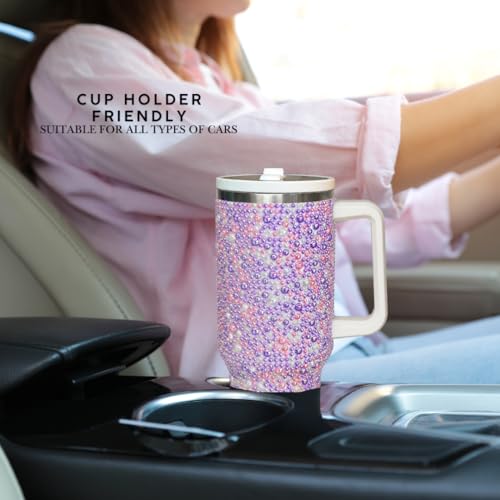 Image of 40 Oz Rhinestone Studded Tumbler with Handle Straw and Lid, Insulated Stainless Steel Double Layer Water Bottle for Women, Reusable Travel Coffee Mug (1200ml) Pearl lilac /pink