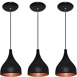 Kit 3 Lustres Luminaria Pendente Modelo Funil - Ideal para balcão cozinha americana, bancada (Preto com Cobre)