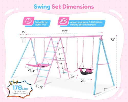 Heavy Duty Swing Sets for Backyard Kids 3-12, 700LBS 6-in-1 Outdoor Swingset for Playground with Basketball Hoop, 3 Adjustable Swings, Climbing Ladder Net - Large Metal Playset for Toddlers Children
