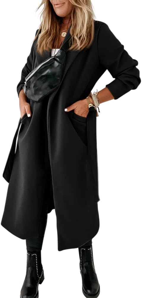 Womens Classic Coat Lapel Collar Open Front Belted Long Jacket - Image 4